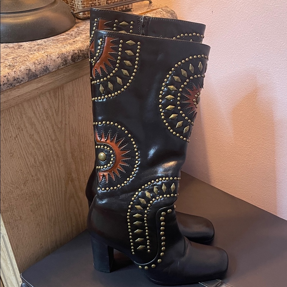 Andrew Stevens Black and Brown Studded Heeled Boots